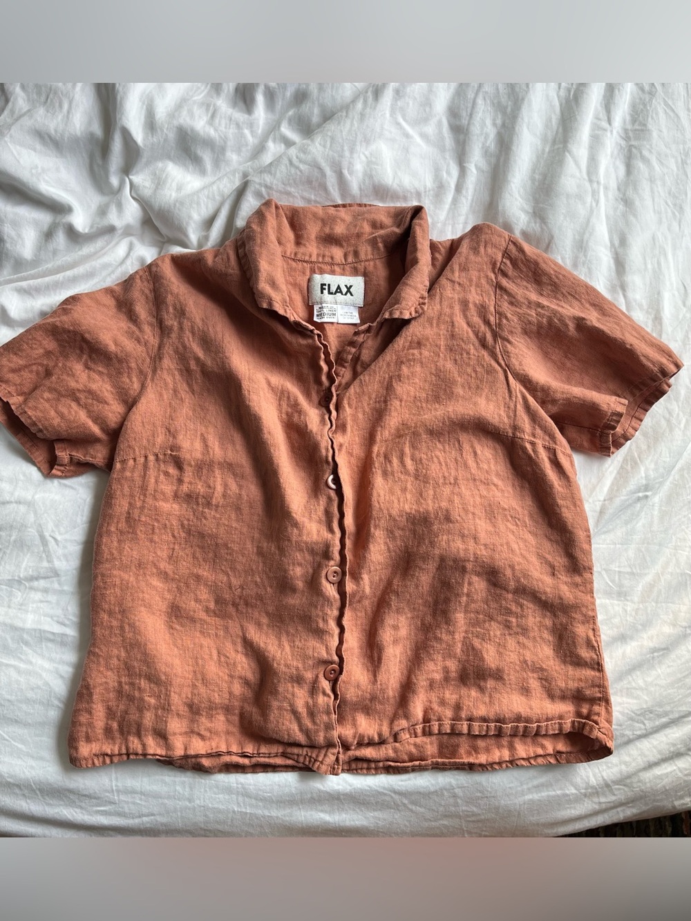 FLAX Women’s Linen Button Front Top in Dusty Terracotta